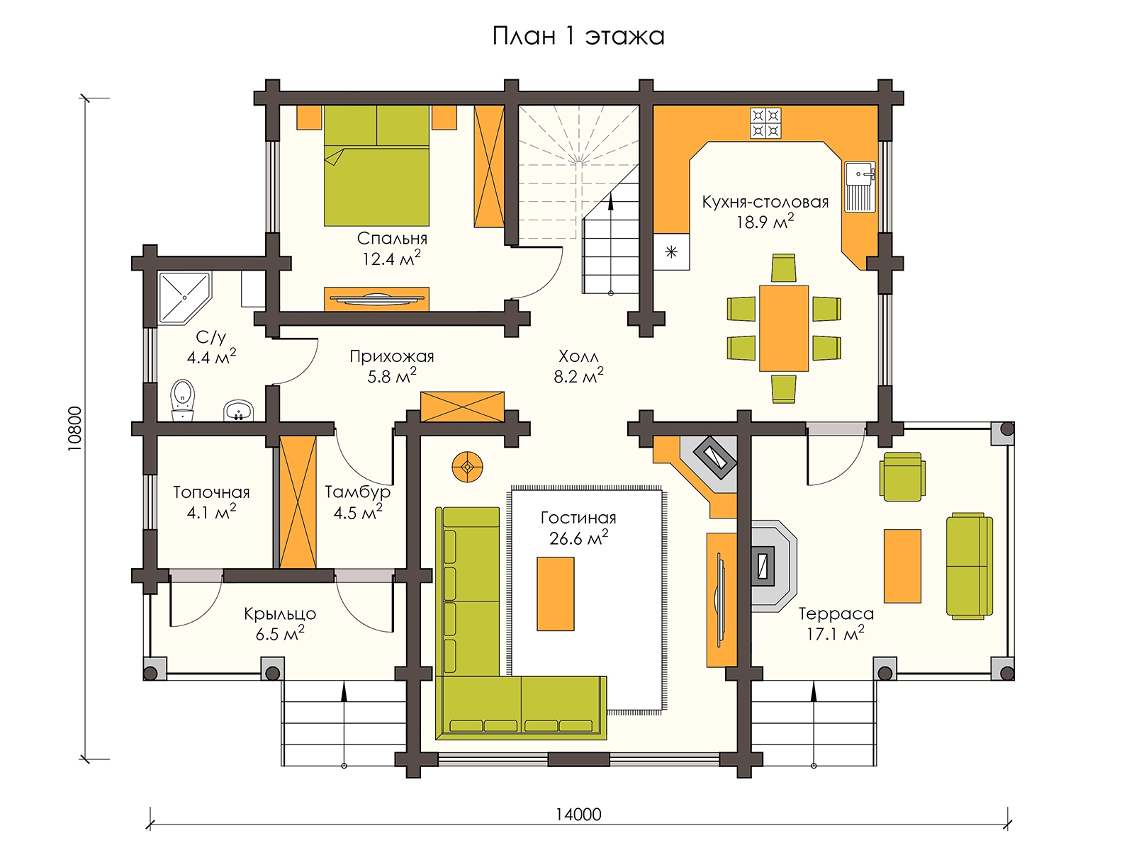 Проект деревянного дома 150 м² из оцилиндрованного бревна